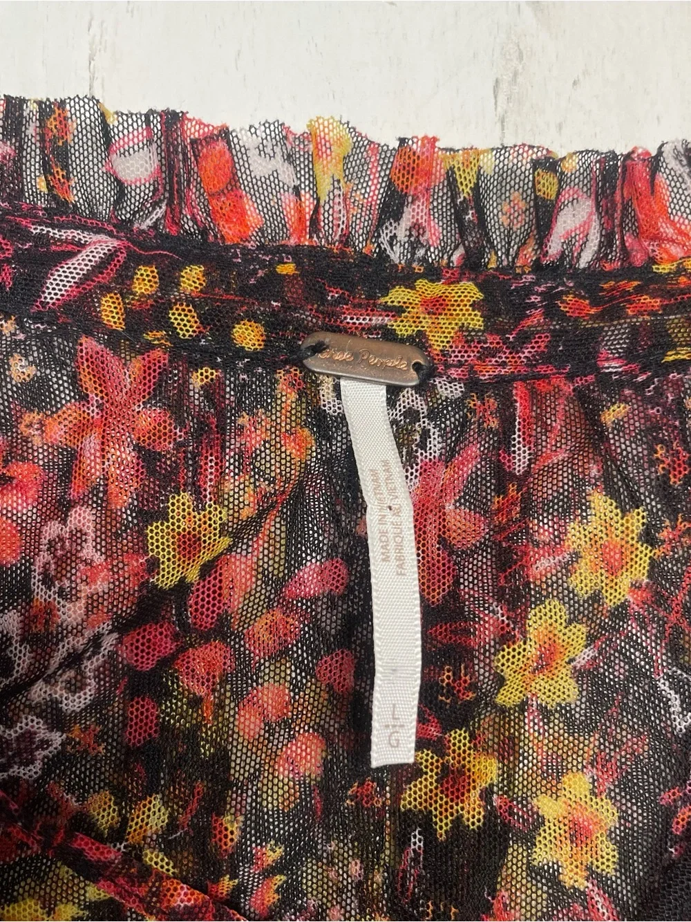 Free People Twyla Sheer Floral Mesh Smocked Blouse Ruffle Shoulder Size L